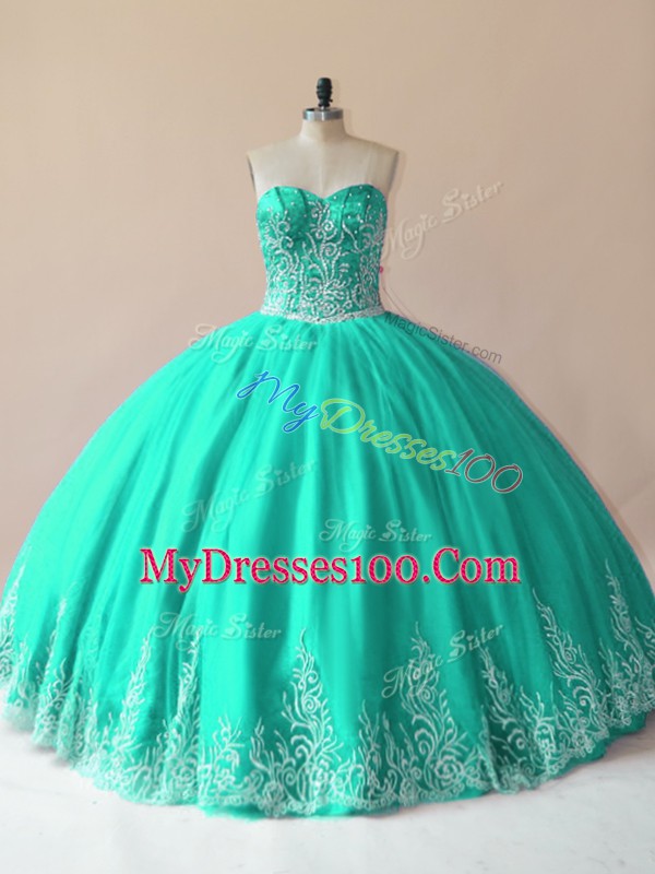 Fine Turquoise Tulle Lace Up Sweetheart Sleeveless Floor Length Quinceanera Gown Embroidery