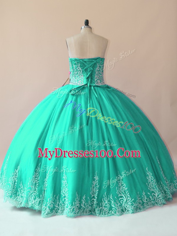 Fine Turquoise Tulle Lace Up Sweetheart Sleeveless Floor Length Quinceanera Gown Embroidery