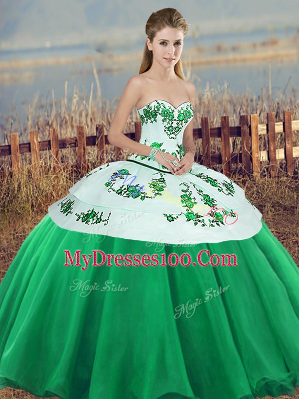 High Quality Green Lace Up Sweetheart Embroidery and Bowknot 15 Quinceanera Dress Tulle Sleeveless