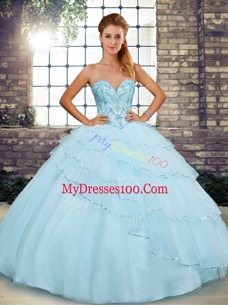 Light Blue Ball Gowns Beading and Ruffled Layers Sweet 16 Quinceanera Dress Lace Up Tulle Sleeveless
