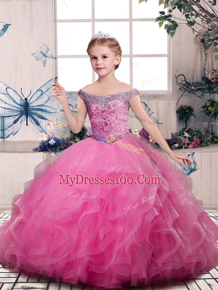 Sleeveless Lace Up Floor Length Beading and Ruffles Little Girls Pageant Gowns