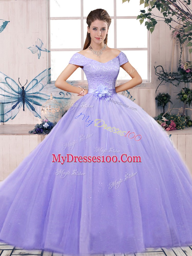 Fitting Ball Gowns 15th Birthday Dress Lavender Off The Shoulder Tulle Short Sleeves Floor Length Lace Up
