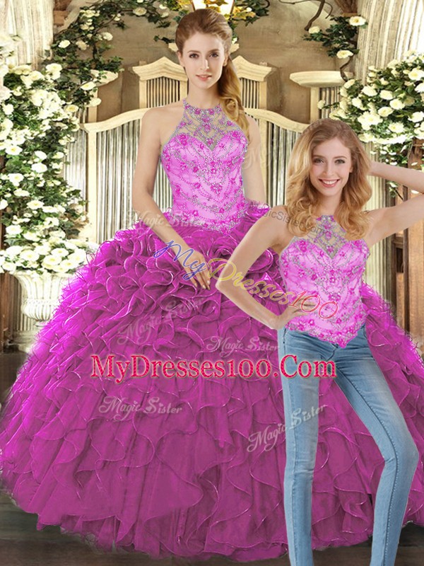 On Sale Fuchsia Sleeveless Organza Lace Up Quinceanera Gowns for Military Ball and Sweet 16 and Quinceanera