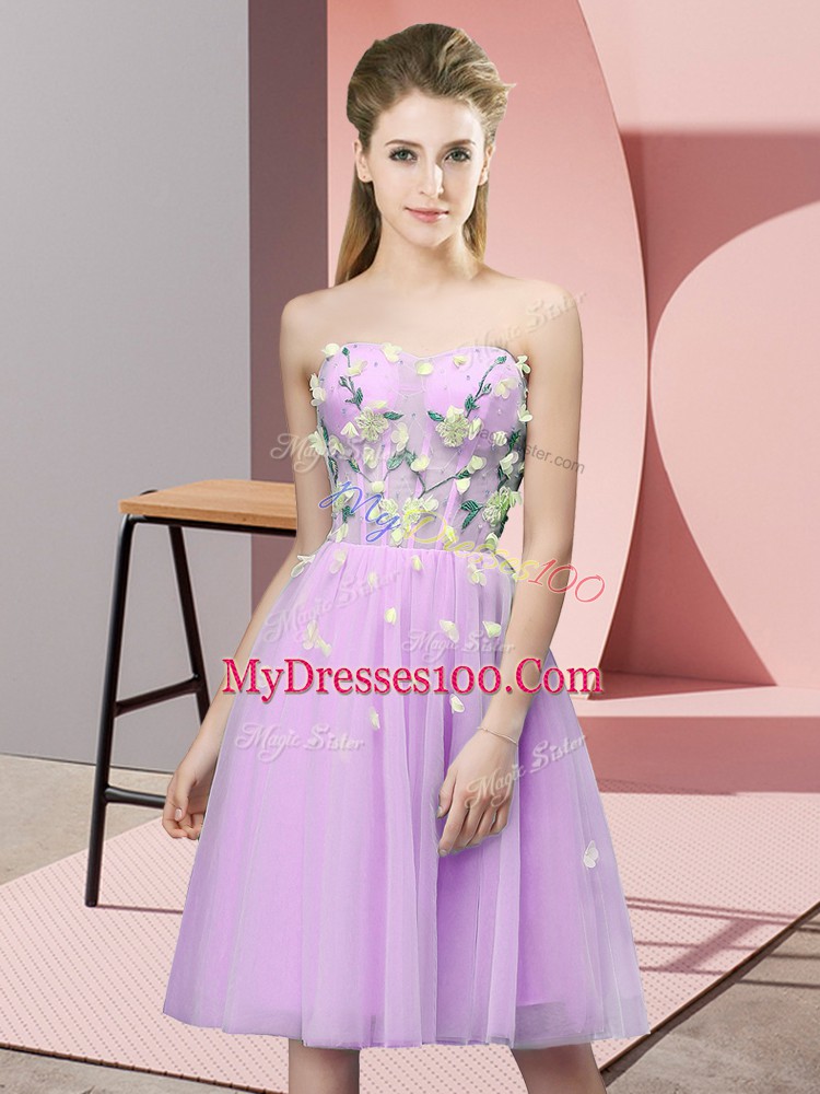 Edgy Lilac Tulle Lace Up Sweetheart Sleeveless Knee Length Dama Dress Appliques