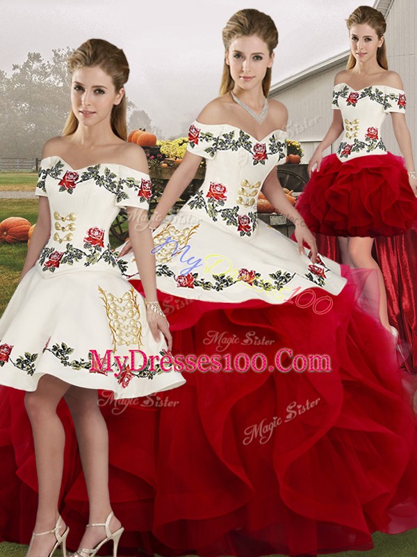 High Quality White And Red Off The Shoulder Lace Up Embroidery and Ruffles Sweet 16 Quinceanera Dress Sleeveless