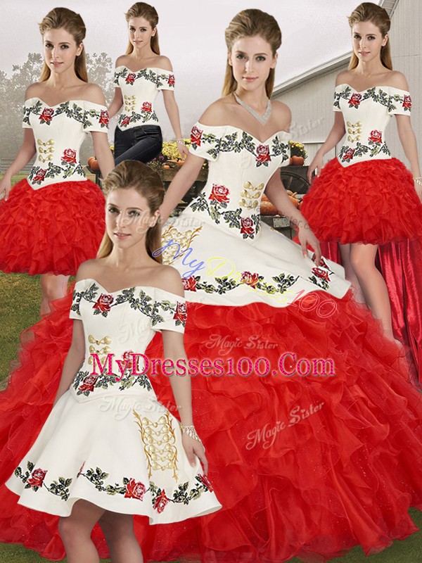 Sleeveless Floor Length Embroidery and Ruffles Lace Up Quince Ball Gowns with White And Red