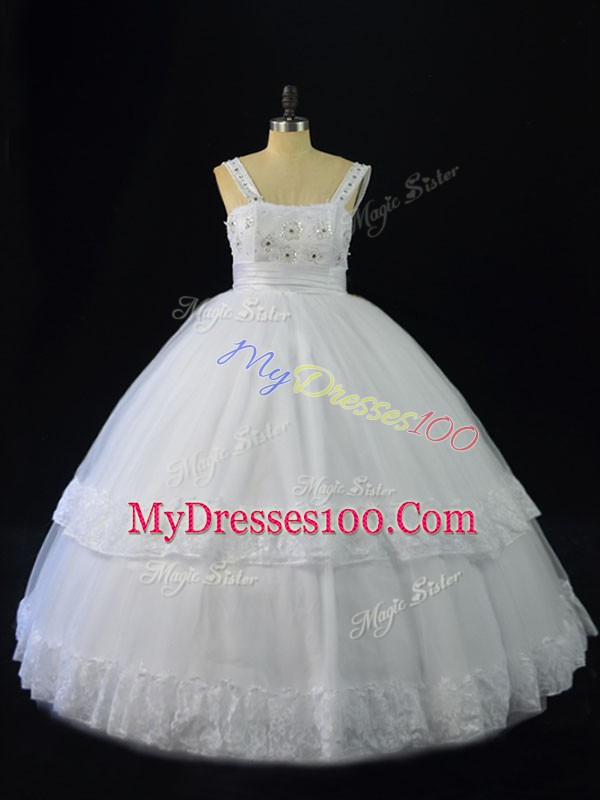 Tulle Straps Sleeveless Lace Up Beading and Appliques Quinceanera Gowns in White