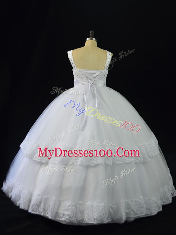 Tulle Straps Sleeveless Lace Up Beading and Appliques Quinceanera Gowns in White