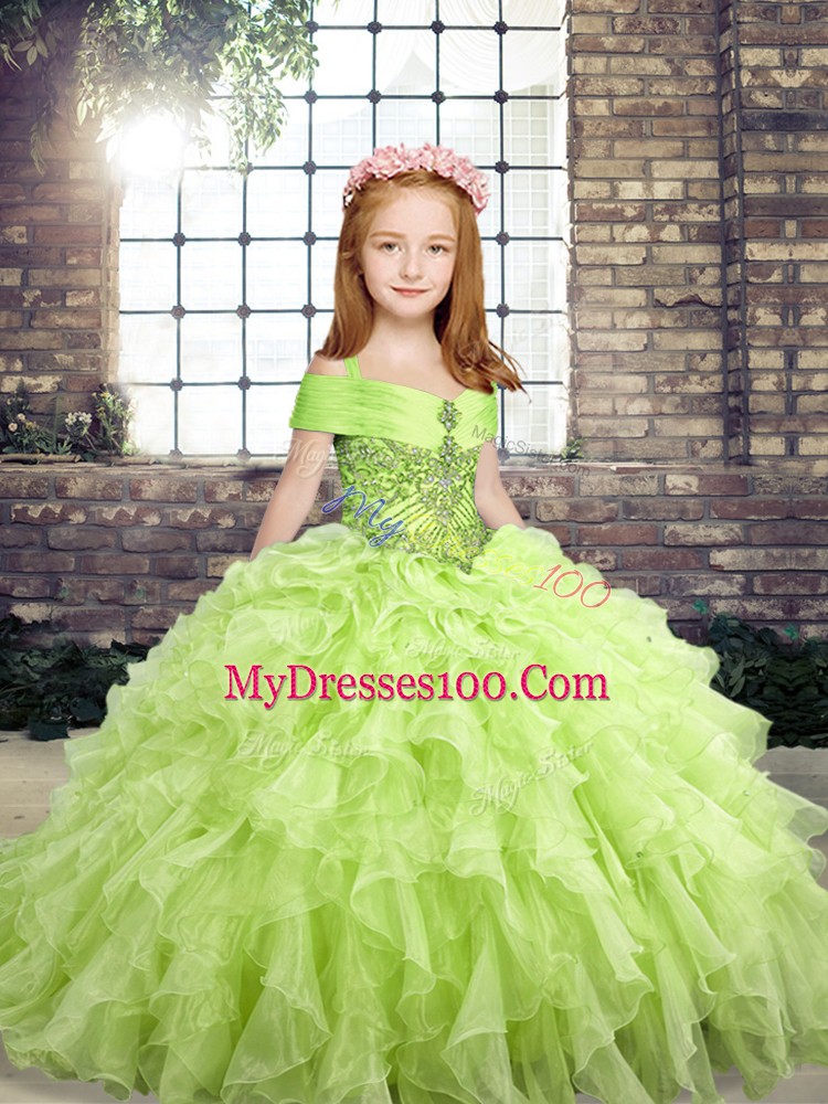 Discount Yellow Green Lace Up Girls Pageant Dresses Beading Sleeveless Floor Length
