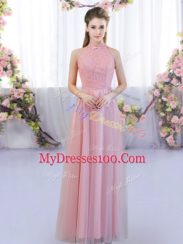 Sleeveless Tulle Floor Length Zipper Dama Dress for Quinceanera in Pink with Lace