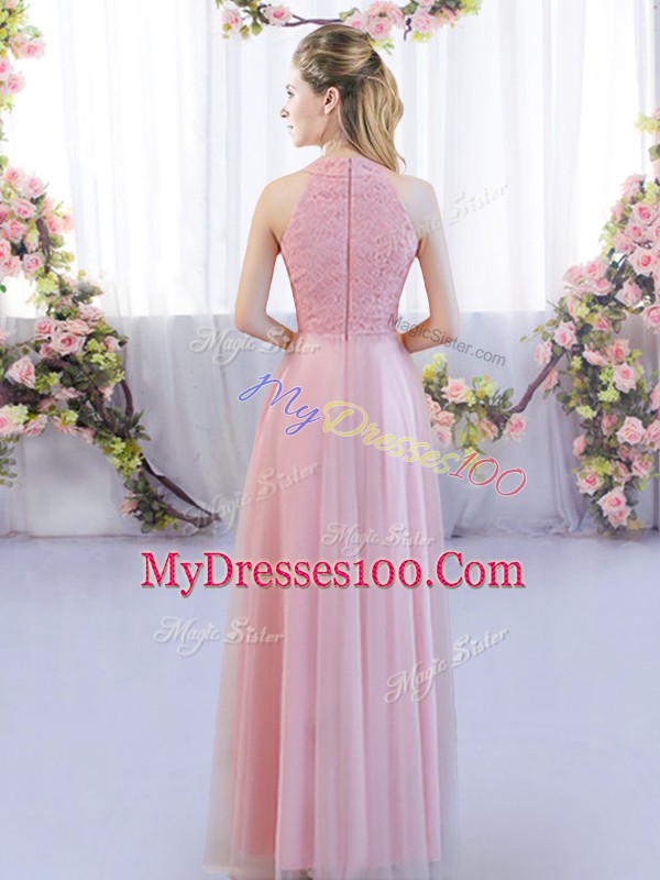 Sleeveless Tulle Floor Length Zipper Dama Dress for Quinceanera in Pink with Lace