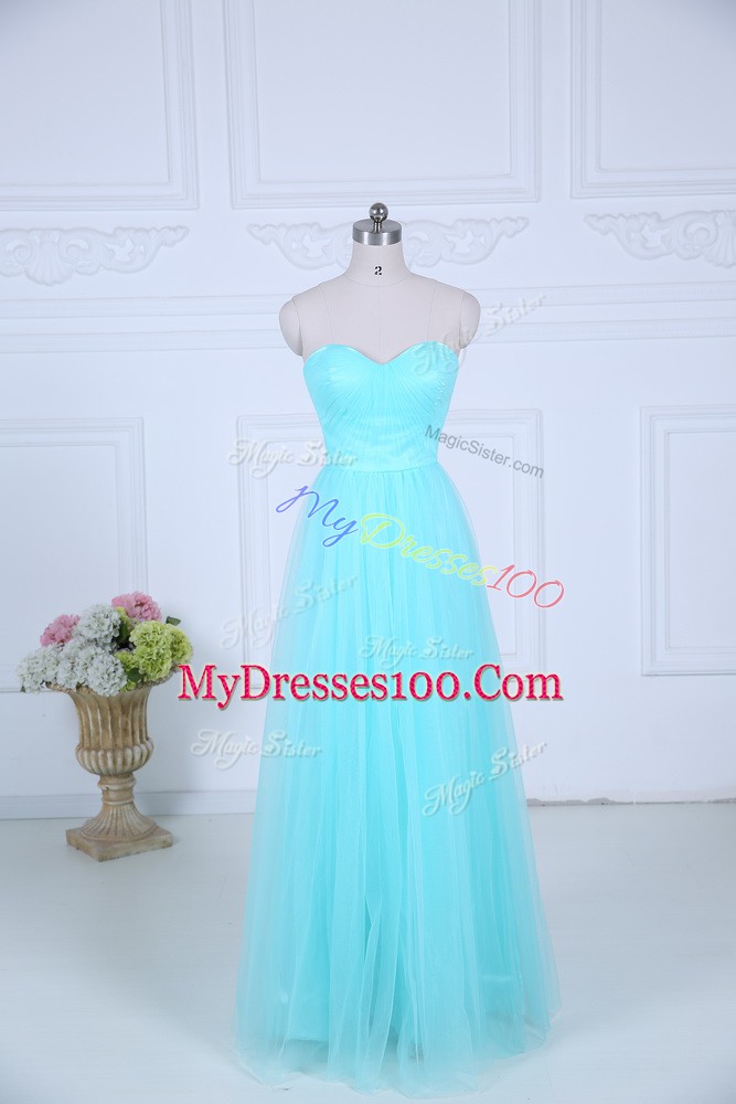 Aqua Blue Bridesmaid Gown Wedding Party with Ruching Sweetheart Sleeveless Zipper