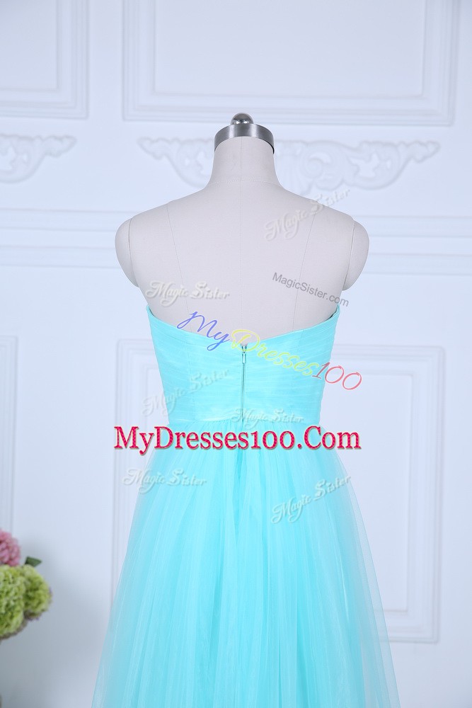 Aqua Blue Bridesmaid Gown Wedding Party with Ruching Sweetheart Sleeveless Zipper