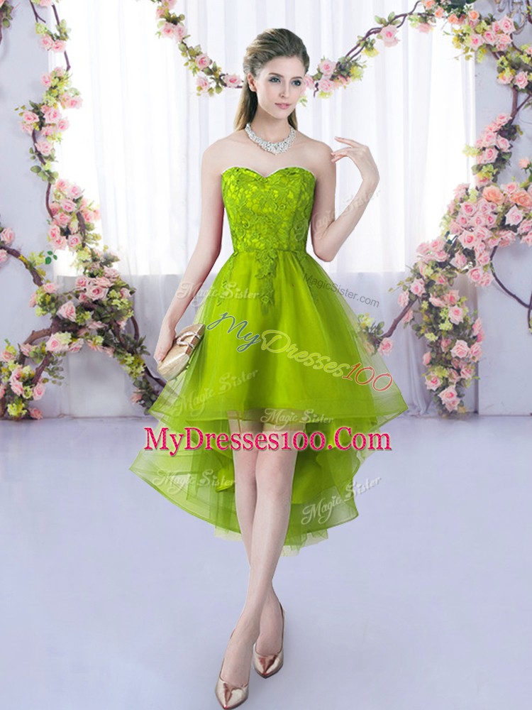 Inexpensive Sweetheart Sleeveless Wedding Party Dress High Low Lace Olive Green Tulle