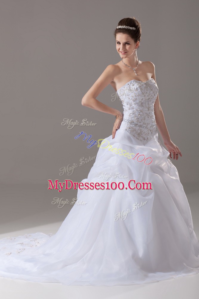 White Bridal Gown Organza Brush Train Sleeveless Embroidery