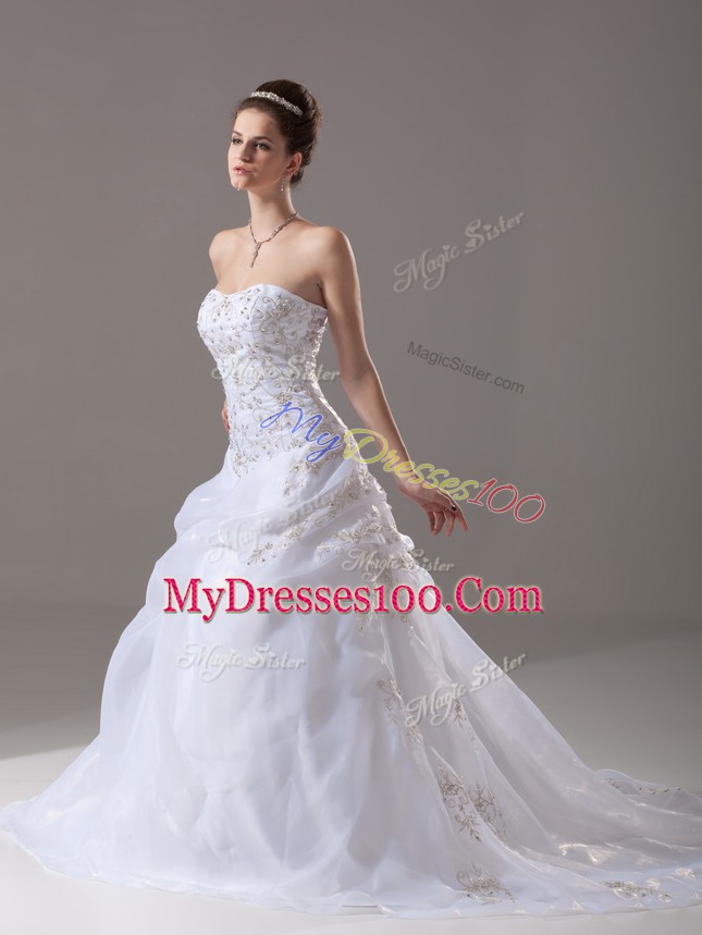 White Bridal Gown Organza Brush Train Sleeveless Embroidery