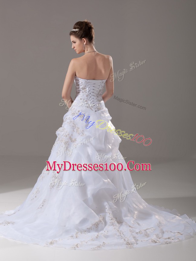 White Bridal Gown Organza Brush Train Sleeveless Embroidery