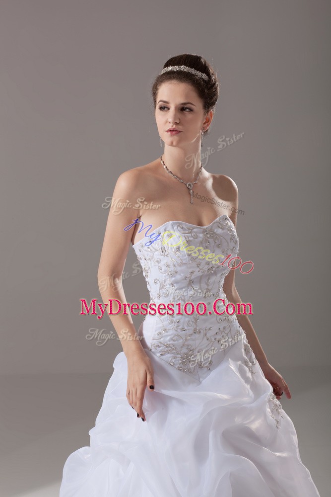White Bridal Gown Organza Brush Train Sleeveless Embroidery