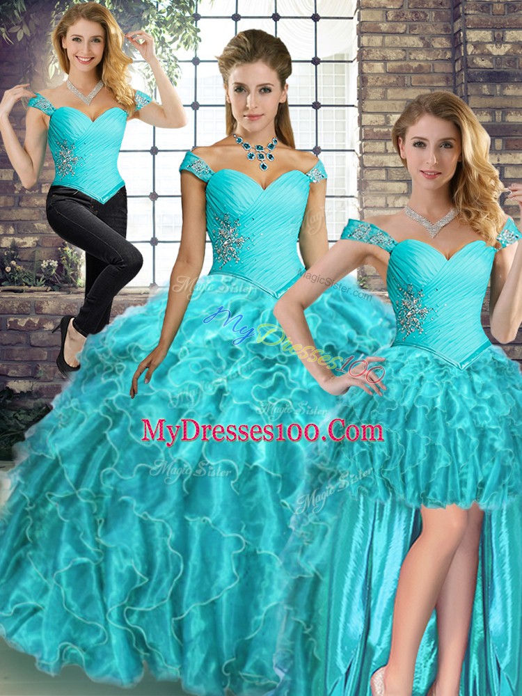 Aqua Blue Organza Lace Up Off The Shoulder Sleeveless Sweet 16 Dresses Brush Train Beading and Ruffles