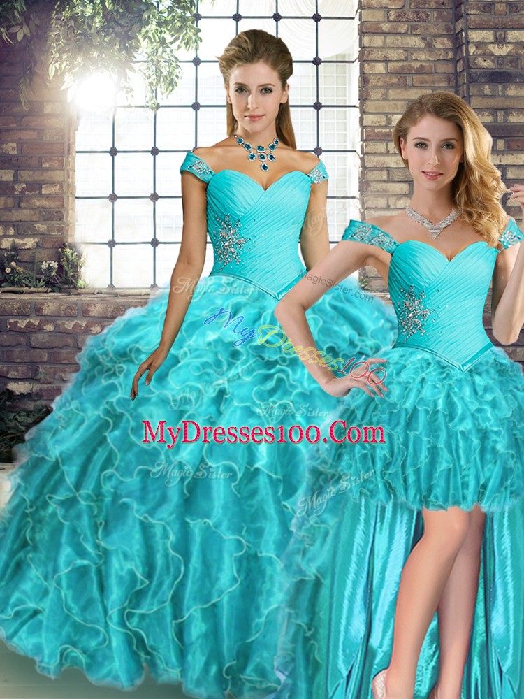 Aqua Blue Organza Lace Up Off The Shoulder Sleeveless Sweet 16 Dresses Brush Train Beading and Ruffles