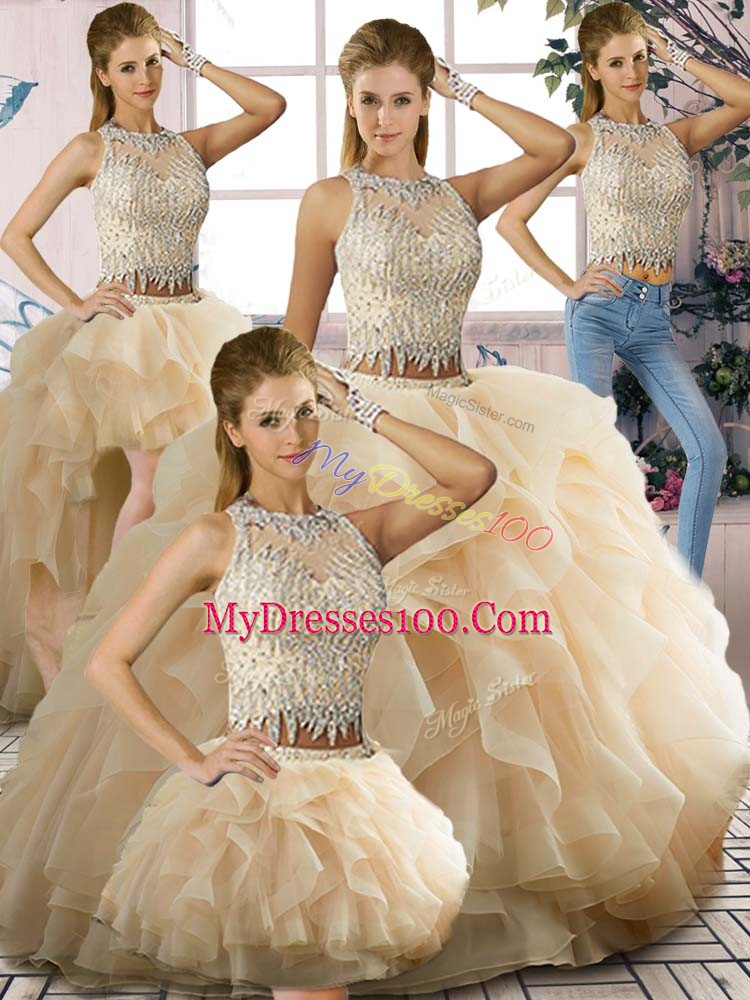 Dramatic Champagne Zipper Scoop Beading and Ruffles Vestidos de Quinceanera Tulle Sleeveless