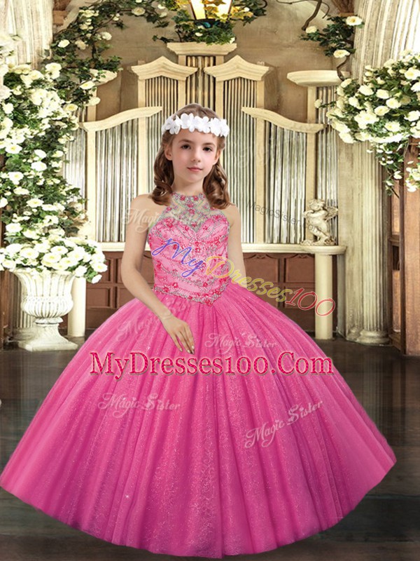 Perfect Hot Pink Ball Gowns Appliques Glitz Pageant Dress Lace Up Tulle Sleeveless Floor Length