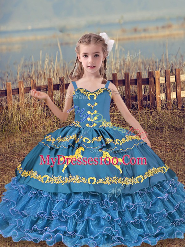 Blue Lace Up Straps Beading and Embroidery and Ruffled Layers Pageant Gowns Organza Sleeveless