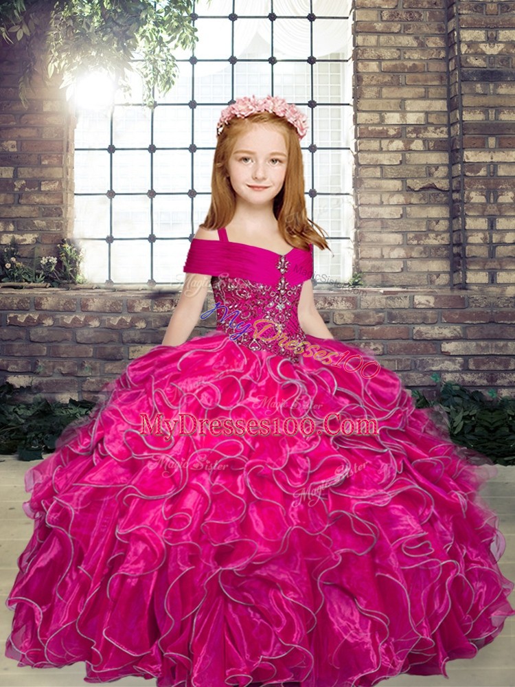 Dazzling Straps Sleeveless Lace Up Kids Pageant Dress Fuchsia Organza