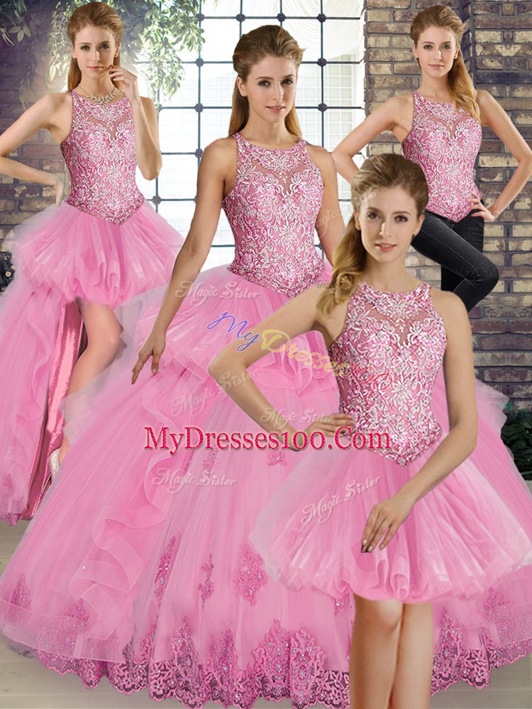 Simple Sleeveless Lace Up Floor Length Lace and Embroidery and Ruffles Sweet 16 Dress