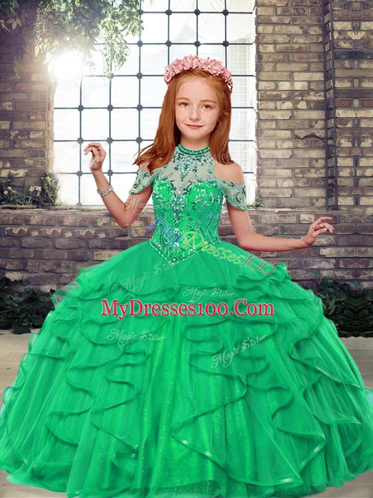 Turquoise Ball Gowns Beading and Ruffles Little Girl Pageant Gowns Lace Up Tulle Sleeveless Floor Length