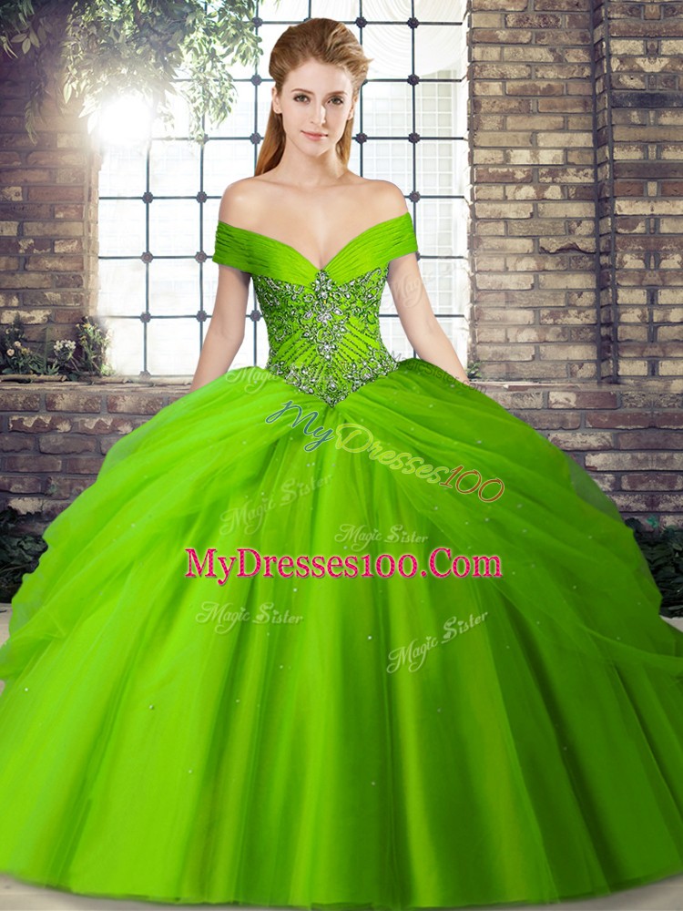 Tulle Lace Up 15 Quinceanera Dress Sleeveless Brush Train Beading and Pick Ups