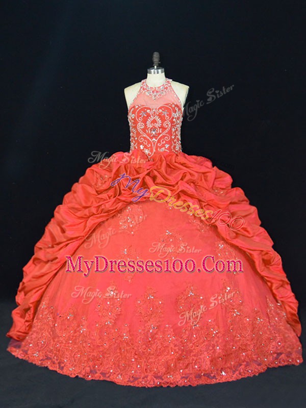 Flirting Red Taffeta Lace Up 15th Birthday Dress Sleeveless Floor Length Beading and Appliques and Embroidery