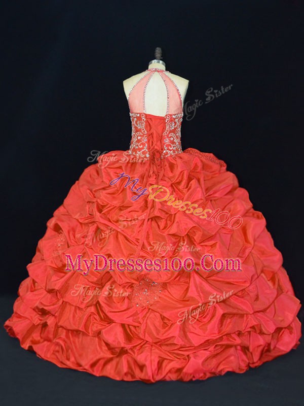 Flirting Red Taffeta Lace Up 15th Birthday Dress Sleeveless Floor Length Beading and Appliques and Embroidery