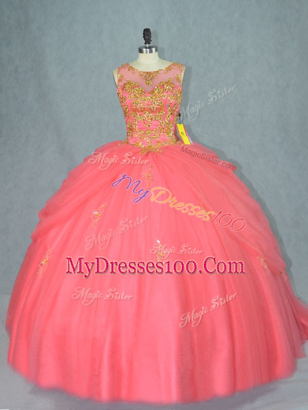 Watermelon Red Scoop Neckline Beading Sweet 16 Quinceanera Dress Sleeveless Lace Up