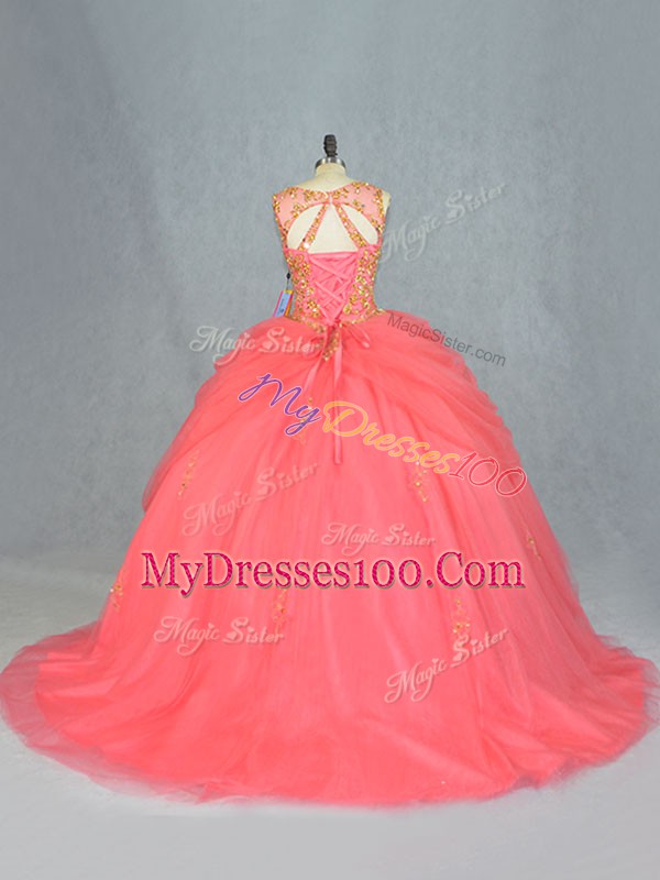 Watermelon Red Scoop Neckline Beading Sweet 16 Quinceanera Dress Sleeveless Lace Up