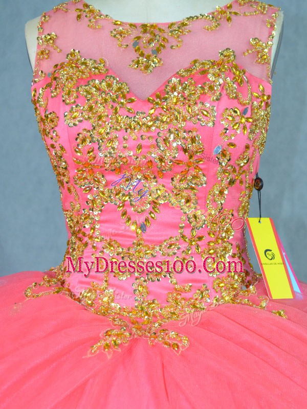 Watermelon Red Scoop Neckline Beading Sweet 16 Quinceanera Dress Sleeveless Lace Up