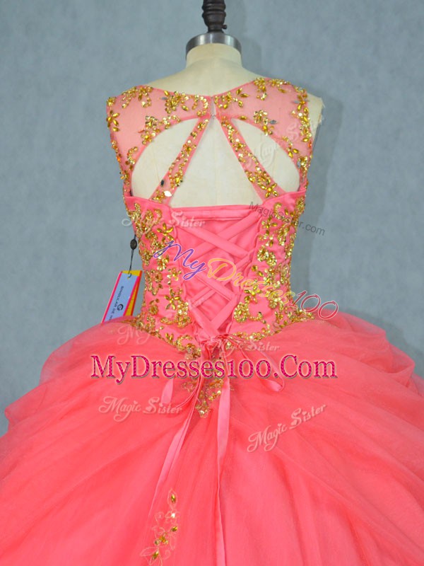 Watermelon Red Scoop Neckline Beading Sweet 16 Quinceanera Dress Sleeveless Lace Up