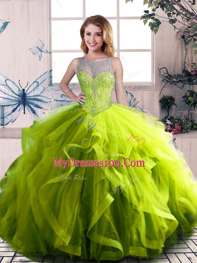 Tulle Scoop Sleeveless Lace Up Beading and Ruffles 15th Birthday Dress in Olive Green