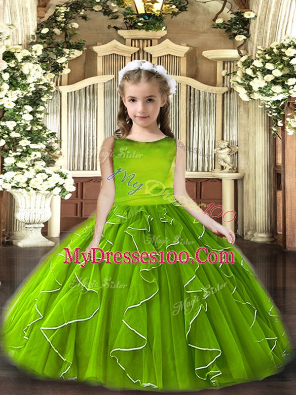 Custom Made Olive Green Tulle Lace Up Scoop Sleeveless Floor Length Little Girls Pageant Gowns Ruffles