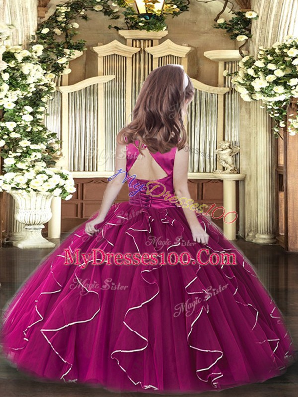 Custom Made Olive Green Tulle Lace Up Scoop Sleeveless Floor Length Little Girls Pageant Gowns Ruffles