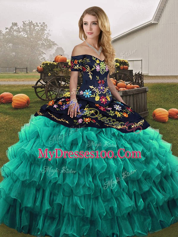 Turquoise 15 Quinceanera Dress Military Ball and Sweet 16 and Quinceanera with Embroidery and Ruffled Layers Off The Shoulder Sleeveless Lace Up