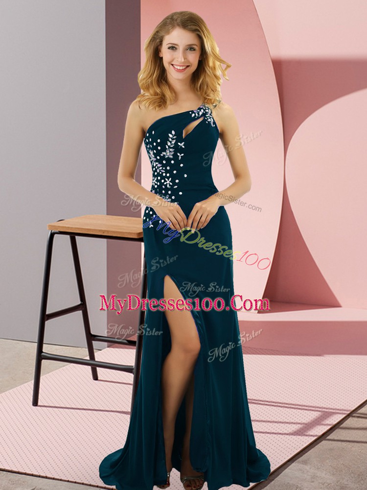 Decent Teal Party Dress for Toddlers Prom and Party with Beading One Shoulder Sleeveless Sweep Train Lace Up