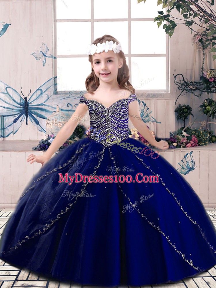 Dramatic Blue Sleeveless Beading Floor Length Kids Pageant Dress