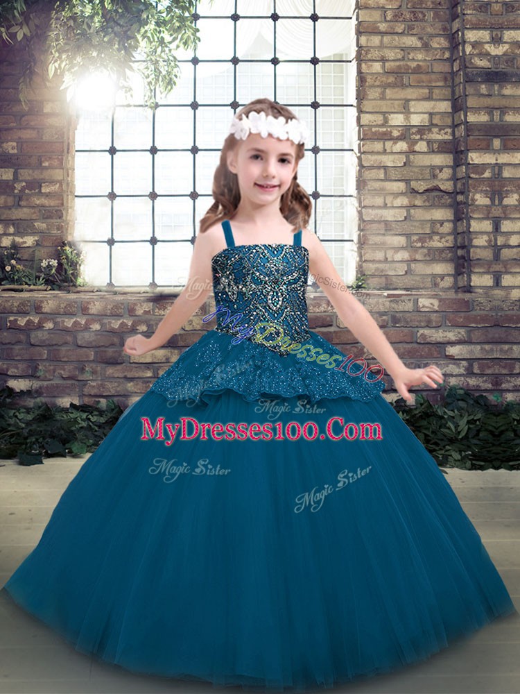 Perfect Blue Sleeveless Tulle Lace Up Pageant Dress for Teens for Prom and Party and Wedding Party