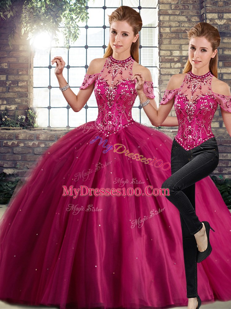 Fuchsia Two Pieces Tulle Halter Top Sleeveless Beading Lace Up Quince Ball Gowns Brush Train