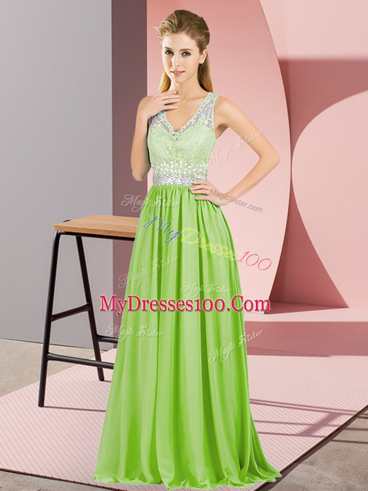 Floor Length Zipper Evening Dress Yellow Green for Prom and Party and Military Ball with Beading and Lace and Appliques