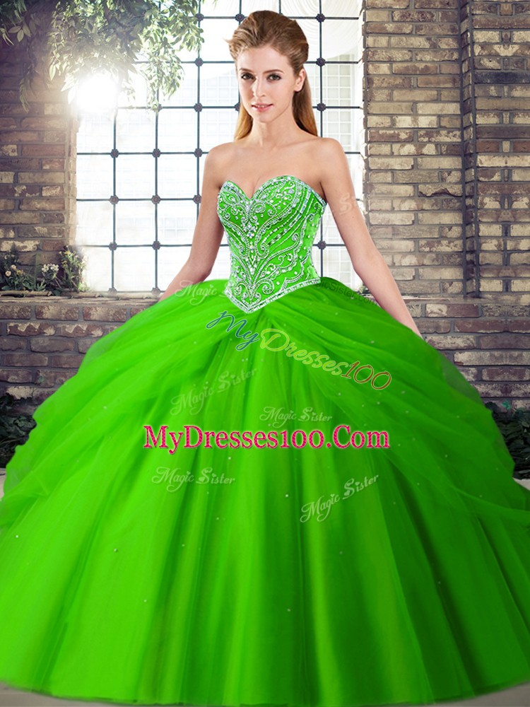 Green Sleeveless Brush Train Beading and Pick Ups Quinceanera Gowns