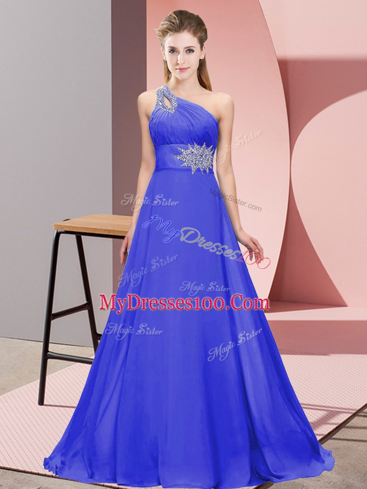 Column/Sheath Prom Dresses Purple One Shoulder Chiffon Sleeveless Floor Length Lace Up