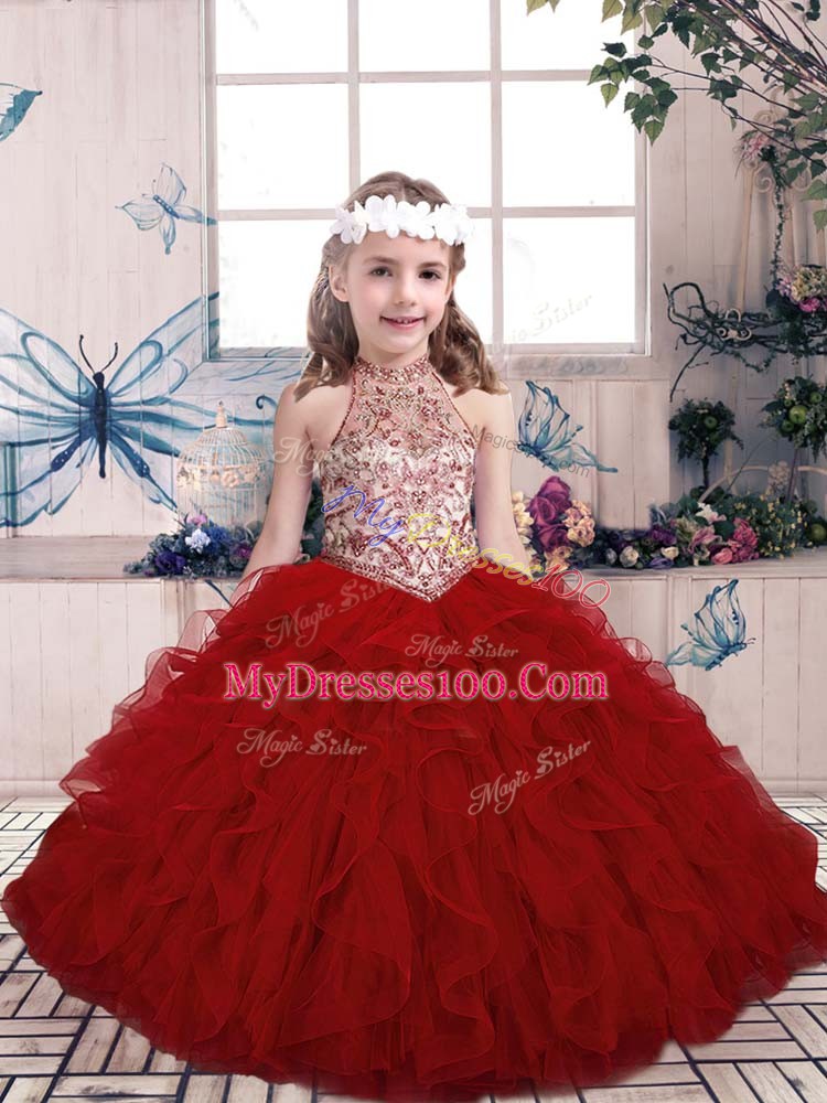 Red Sleeveless Floor Length Beading and Ruffles Lace Up Little Girl Pageant Gowns