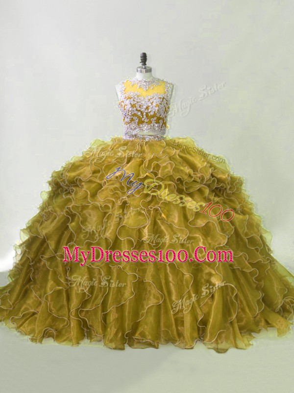 Fashionable Scoop Sleeveless Brush Train Zipper Vestidos de Quinceanera Olive Green Organza